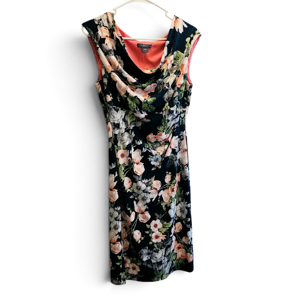 Covington Floral Drape Neck Sheath Dress Women's 6 Navy Peach Ruched